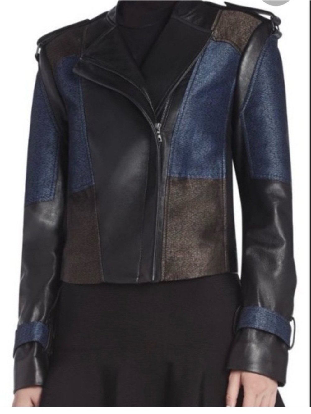 BCBGMaxAzria Black and Blue Mixed-Media Leather Moto Jacket.Never worn.